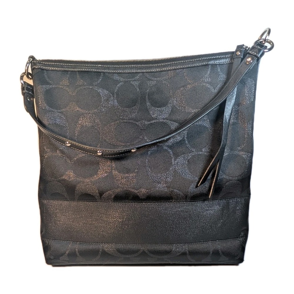 Coach 12904 Black Signature C Lurex Studded Tote Shoulder Bag Leather Trim Purse